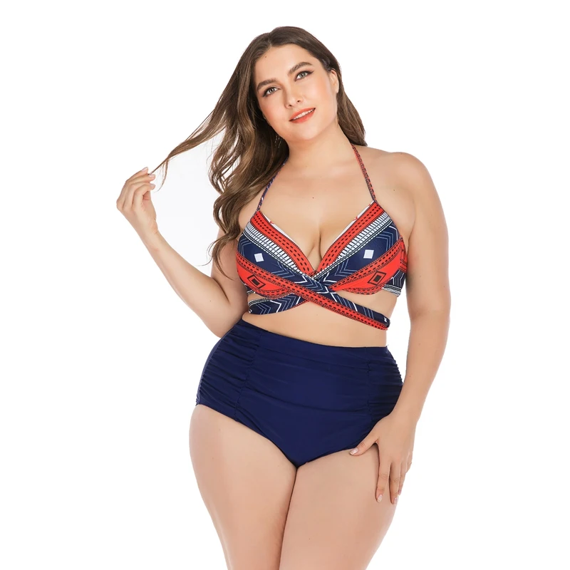 

Women Tankini Patchwork Halter Top High Waist Bikini Swimwear Lady Underwire Padded Bra Plus Size Swimsuit Beach Suit