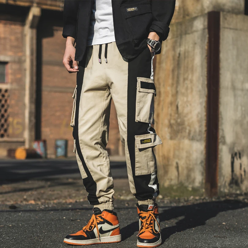 Men's Cotton Trousers Hip Hop jogging Autumn Winter Casual Pants Contrast color Big-pocket High quality Fashion Cargo Pants A915 - Цвет: Khaki - A916