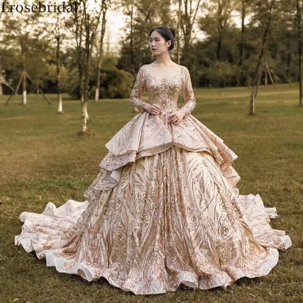 Erosebridal Lxuury Золотое бальное платье с блестками вечернее платье с длинным шлейфом с длинным рукавом вечерние женские платья на шнуровке сзади