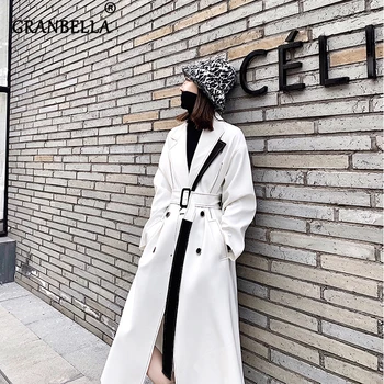 

High Quality White Black Patchwork Windbreaker Women 2020 Autumn Winter New Korean Fashion Slim Long Warm Trench Coat for Ladies