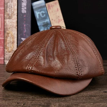 

Alpino Pet Black Newsboy Hats for Men Genuine Cowskin Leather Octagonal Cap Male Fitted Vintage Duckbill Hats Beret Male Cappie