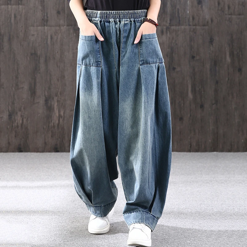 

New Fashion 2019 Autumn Winter Simple Elastic Waist Pockets Stitching Pleated Loose Jeans Denim Trousers Pants Women N627