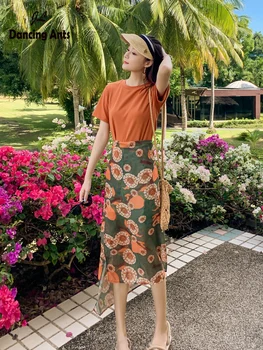 

Summer Two Piece Outfits Women Short Sleeve O-neck Tees + High Waist Asymmetrical Skirts Two Piece Sets Female Bohemian Sets