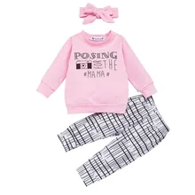 Одежда для новорожденных девочек; футболка с длинными рукавами и буквенным принтом; штаны в полоску; леггинсы для маленьких девочек; повязка на голову; комплект одежды для малышей