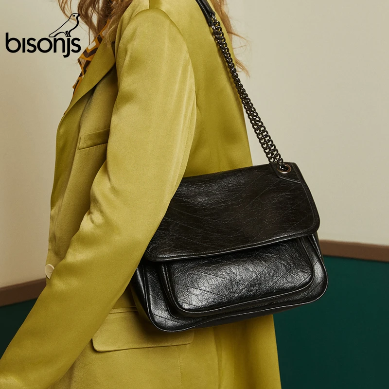 Кожаные сумки на плечо BISONJS модные новые женские для вечерние дизайнерские