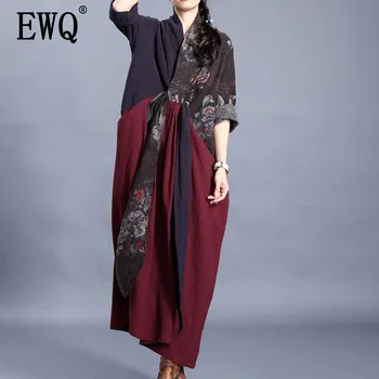 

[EWQ] 2020 Spring Summer New Arrivals V-neck Full Sleeve Print Pattern Women Casual Loose Irregular Floor Length Dress AY46605