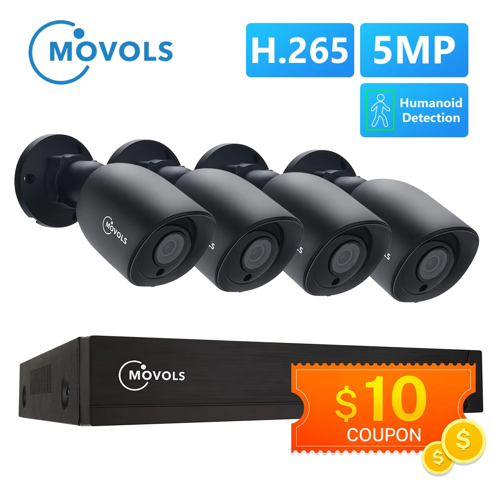 Movols 5MP AI Video Surveillance System 8CH H.265+ DVR 4PCS 2592*1944 HD Security Camera Kit Indoor/ Outdoor IR-cut CCTV System