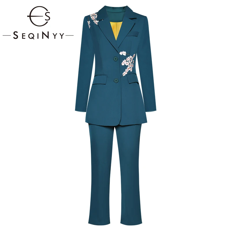 

SEQINYY Office Lady Suit 2020 Spring Autumn New Fashion Design Long Sleeeve Flower Emboidery Blazer + Elastic Waist Midi Pants