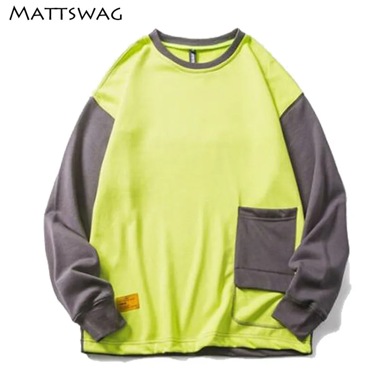 

MATTSWAG Contrast Pullover for Men Autumn Patchwork with Pocket Mens Long Sleeve Casual Loose Hip Hop Men Sweatshirts Streetwear