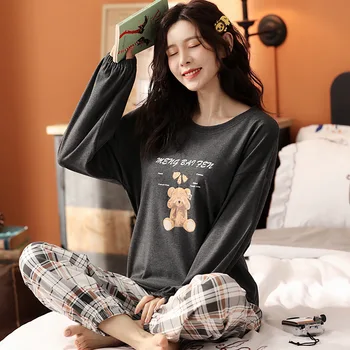 

Pajama Set Women Cotton Sleepwear Cartoon Round Neck Long Sleeve Full Length Pyjamas Comfortable Warm Fashion Homewear Autumn