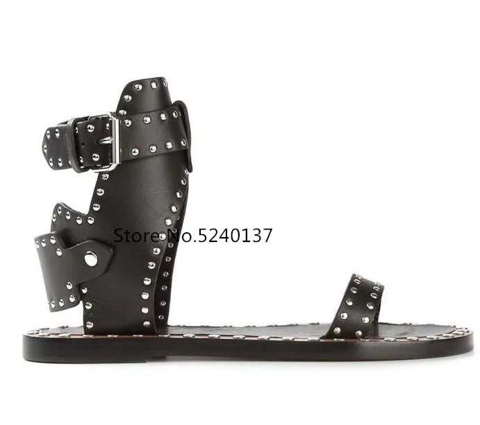 Summer Gladiator Rivets Studded Black Genuine Leather Women Sandals Open Toe Buckle Strap Chunky Heel European Design Sandals