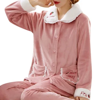 

Winter New Women Lovely Flannel Pajamas Set Thick Warm 2PCS Sleepwear Coral Fleece Pyjamas Suit Loose Sleep Set Casual Home Wear