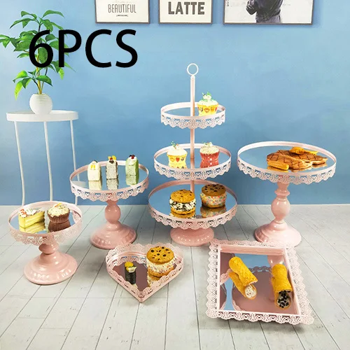 6pcs Pink Tobs 7 шт./компл. свадебный торт стенд Набор для вечерние украшения с кружевным краем серебро зеркало торт инструменты печенье платформа отображения - Цвет: 6pcs Pink