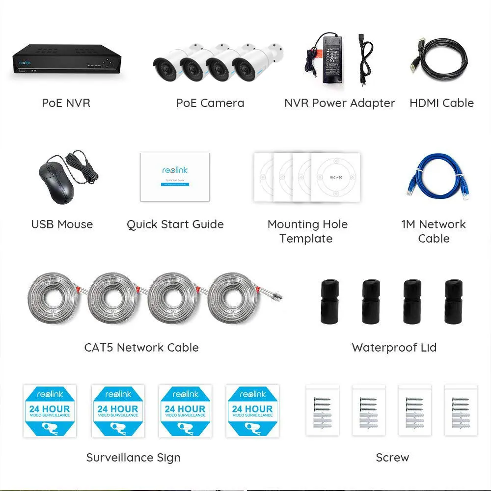 Reolink 4MP Система Видеонаблюдения 8ch PoE NVR& 4 POE IP Камеры Пуля Уличный Комплект Видеокамеры HD 2 ТБ HDD RLK8-410B4