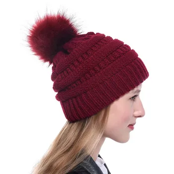 

Winter Wool Blends Soft Warm Knitted Beanie Cap New Women Keep Warm Winter Hairball Knitted Hat Wool Hemming Hat Ski Hat #YL5