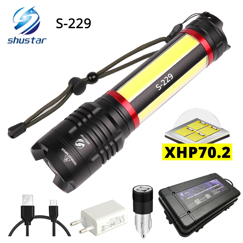  Multifunction LED Flashlight Built-in 5000mAh lithium battery With XHP70.2 + COB LED Super bright w