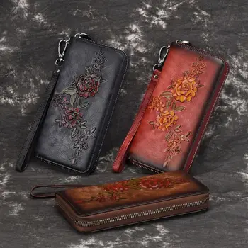 

Women's Zipper Wallet Leather Wristlet Handbag Floral Embossed Card Clutch Holder Vintage Phone Pouch Purse