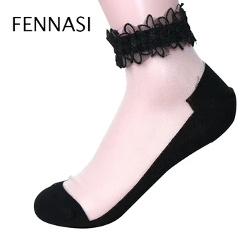 

FENNASI Harajuku Sexy Lace Floral Socks Ruffle Ankle Women Socks Thin Socks Black Sheer Silk Cotton Elastic Mesh Funny Socks