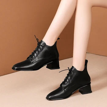 

Genuine leather Women's Boots Square Toe Thick high Heels ladies ankle boots lace up Working Night Club Shoes Woman