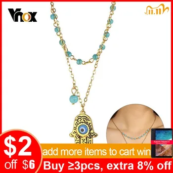 

Vnox Layered Natural Beads Chain Necklace for Women Stainless Steel Hamsa Hand Long Pendant