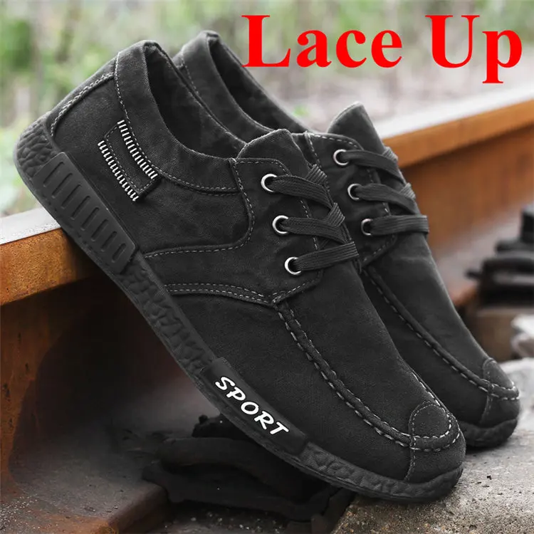 black lace up Модная мужская парусиновая обувь; Мужская Летняя Повседневная обувь из джинсовой ткани; мужские кроссовки; Лоферы без застежки; мокасины для вождения; chaussure homme; Цвет Черный - Цвет: black lace up