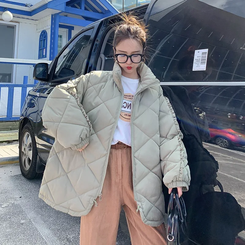 

Photo Shoot waitmore Laziness-Style Rhombus Plaid Loose-Fit Handsome Stand Collar Frilled down Coat Cotton Overcoat Women's