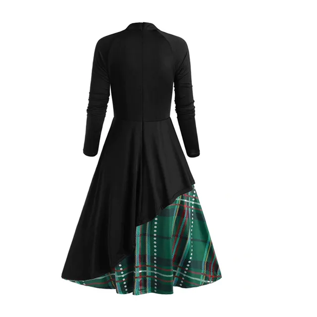 Women Plaid Bowknot Dress Winter Autumn Long-sleeved Round Neck Stitching Big Swing Dresses 2021 Christmas Party Dress Vestidos 4
