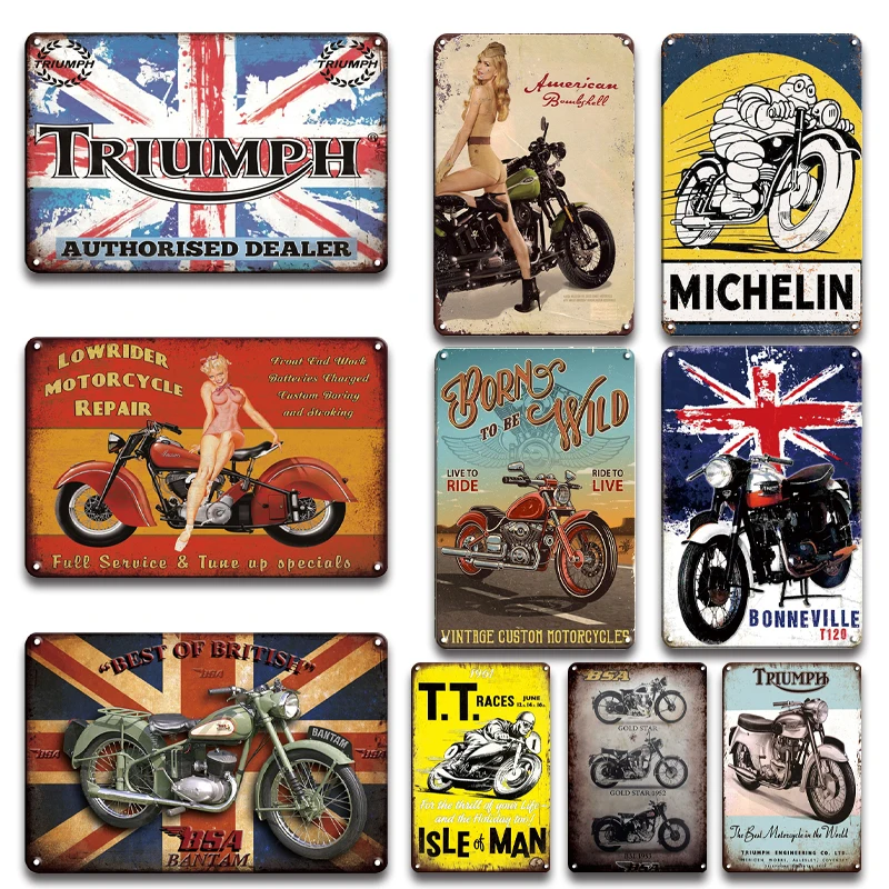

Triumph Motorcycle With British Flag Metal Logo Metal Painting Sign Vintage Motorcycle Tin Signs Wall Sticker Art Home Decor