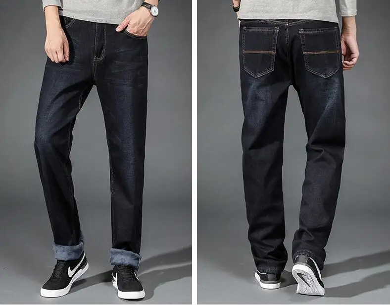 Теплые флисовые джинсы для мужчин s зимние свободные прямые джинсы эластичные бархатные широкие брюки стекающиеся теплые мягкие мужские джинсы