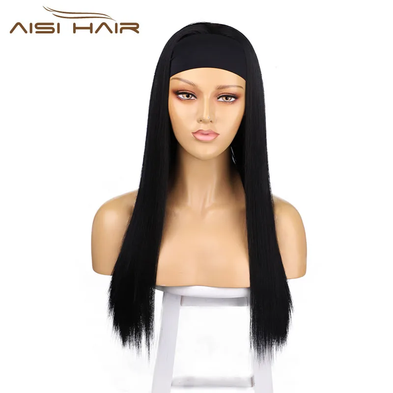 Tasa de descuento NNZES-peluca con diadema de 26 pulgadas para mujer negra, pelo Natural liso, fibra sintética resistente al calor neQKMl50WeY