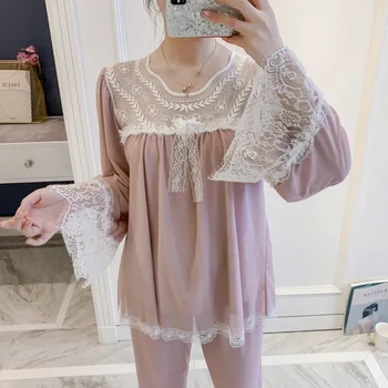 

Pyjamas Long Sleeve Home Suit Leisure Wear Plus Size Women Winter Night Suits Lace Sleepwear Korea Pajama Lady Tops Pants 2020