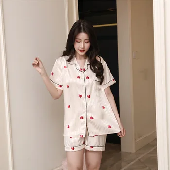 

Women's pajamas summer ice silk cardigan lapel casual suit pajamas women's simple silk loose can be worn outside home clothes