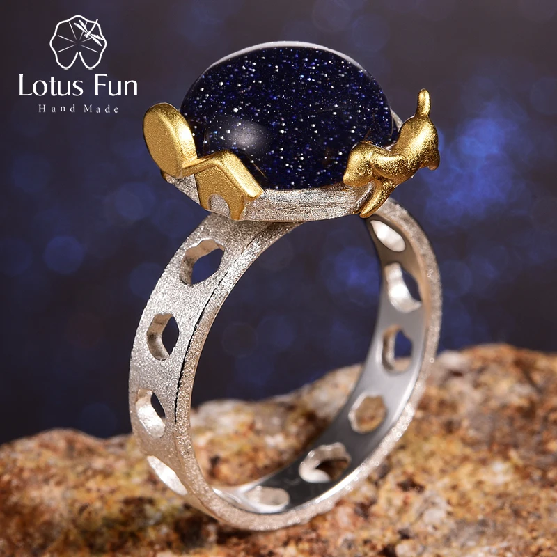 

Lotus Fun Real 925 Sterling Silver Natural Gemstone Handmade Fine Jewelry Dog Escape From the Earth Rotatable Rings for Women