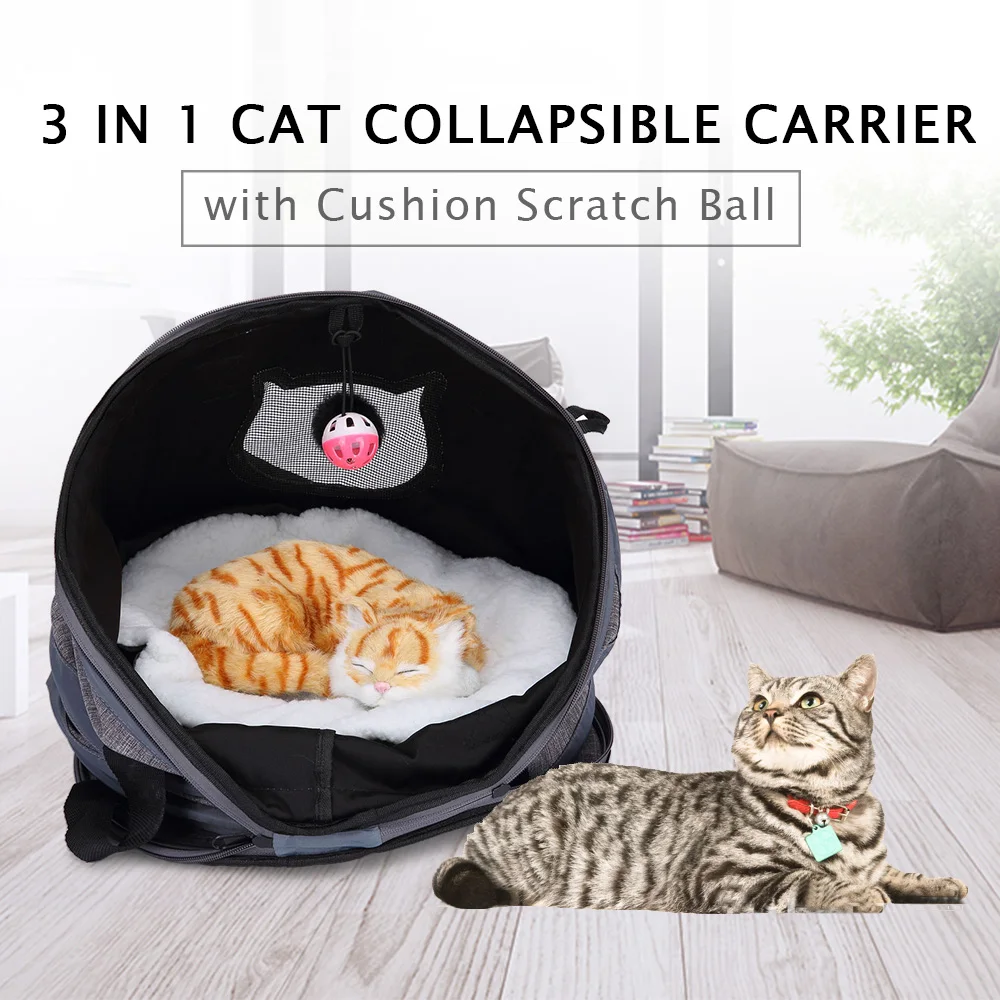 

3 in 1 Cat Collapsible Carrier with Cushion Scratch Ball Tunnel Foldable Shelter for Cat Dogs
