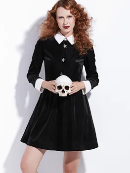 

Rosetic Women Goth Casual Short Velvet Dress Black Chic Star Button Cute Girl Preppy Mini Vestidos A Line Swing Gothic Vintage