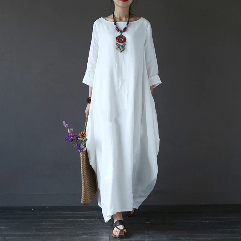 

Cotton Vintage Autumn Clothes For Women Plus Size Loose Solid Swing Dress Robe Elegant Ankle-Length European Clothes Streetwear