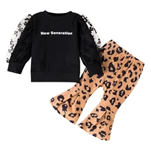 Ropa de dos piezas para niñas recién nacidas, sudaderas con mangas de burbuja de malla y patrón de letras, pantalones con estampado de leopardo y campana