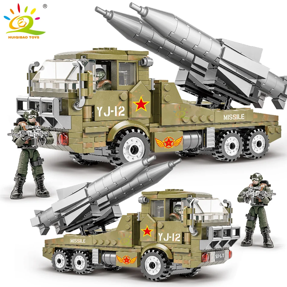 HUIQIBAO 375PCS Military WW2 Army Missile Vehicle Model Building Blocks Soldier Figures Weapon Truck Bricks Toys for Children