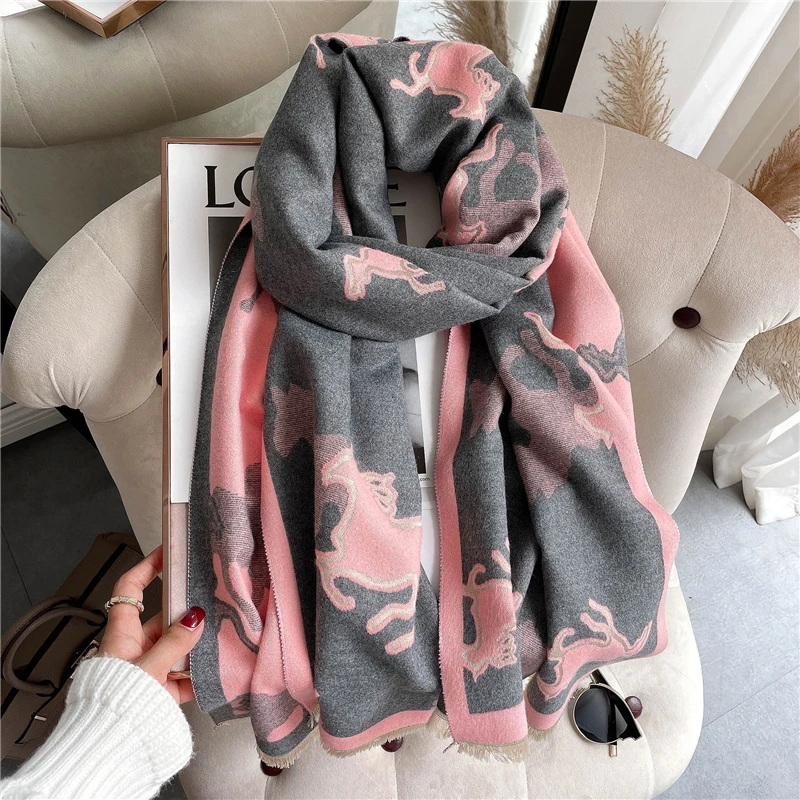 

Pashmina Winter Scarf Women Shawls Thick Horse Animal Wraps Warm Lady Blanket Design Print Fashion Stoles Foulard 2022