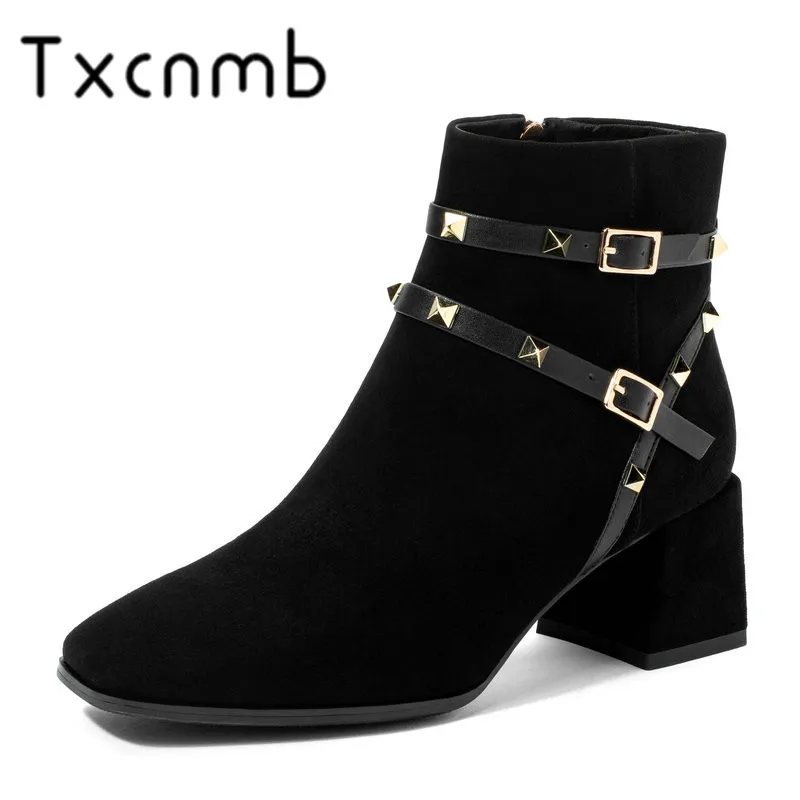 

TXCNMB Autumn Winter New Elegant Winter Warm Suede Women Ankle Boots Fashion Square Heels Basic Chelsea Boots Shoes Woman