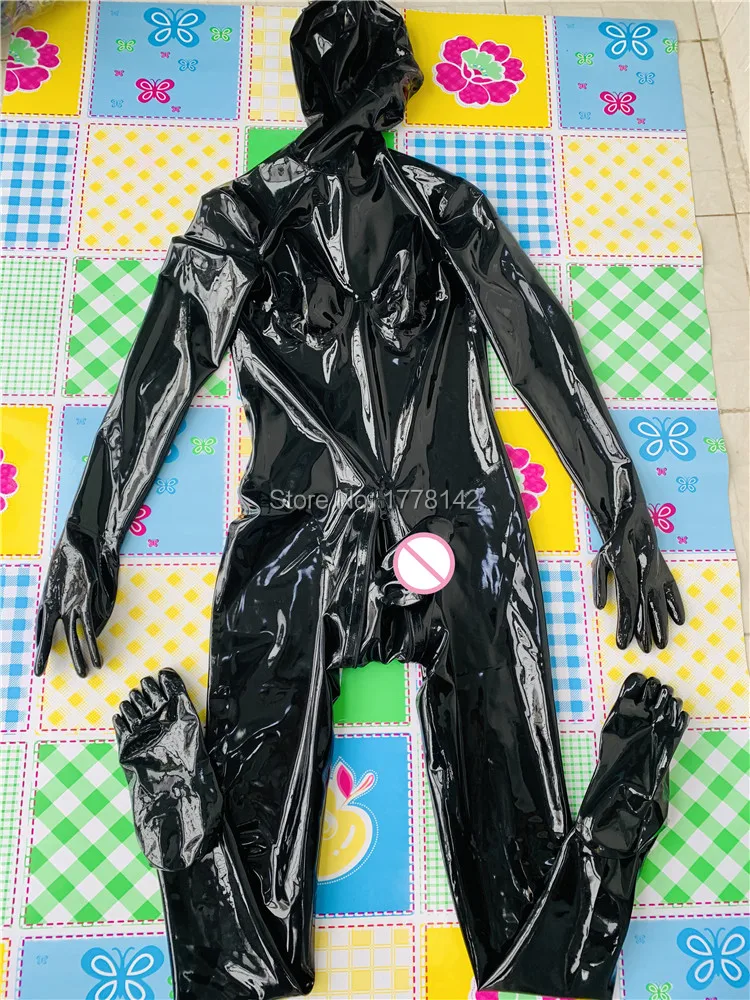 

BLACK MEN LATEX CATSUIT WITH TOES FULL COVER MESH EYES WITH RED TEETH RED NOSE TUBE ZIP HIDDEN TWO CONDOM