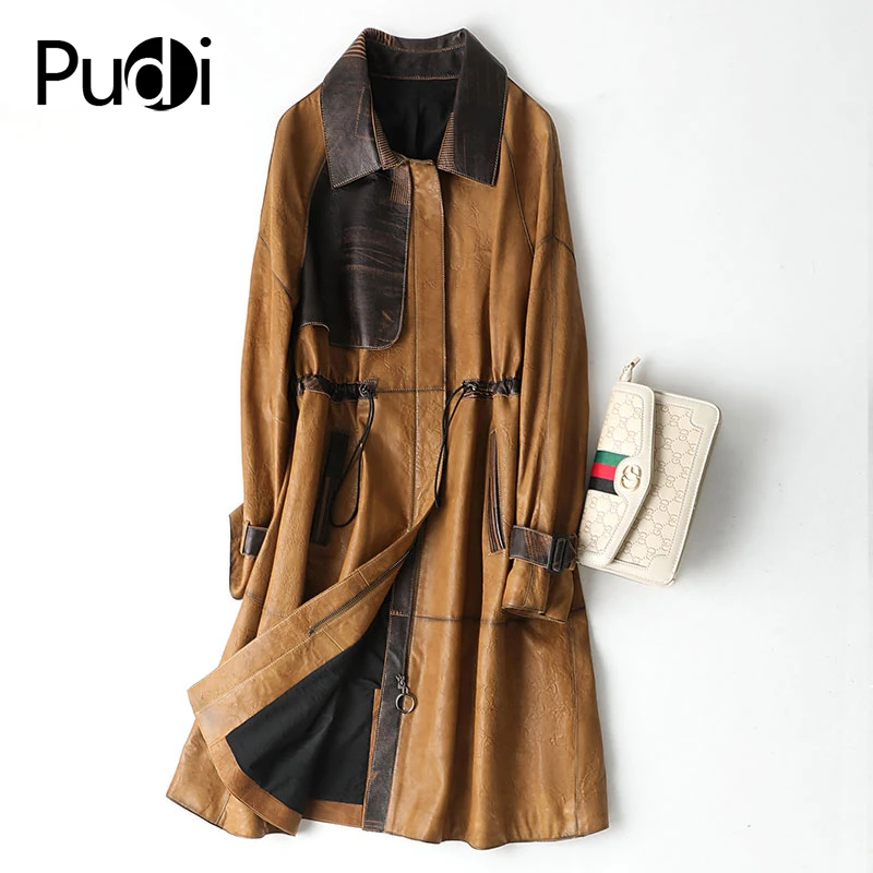 

Pudi women genuine leather jacket girl female real sheepskin long coat trench overcoats A20007