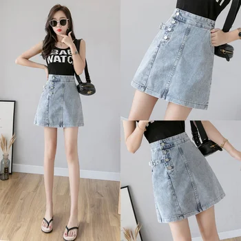 

blue black distressed denim skirts big plus size for ladies girls jean mini korean style buttons sexy skirt woman a line