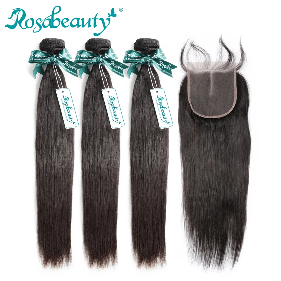 Cena Rosabeauty 3 4 zestawy proste włosy z zamknięciem 8 30 Cal Natural Color brazylijski Remy ludzki włos wyplata z zamknięciem Frontal