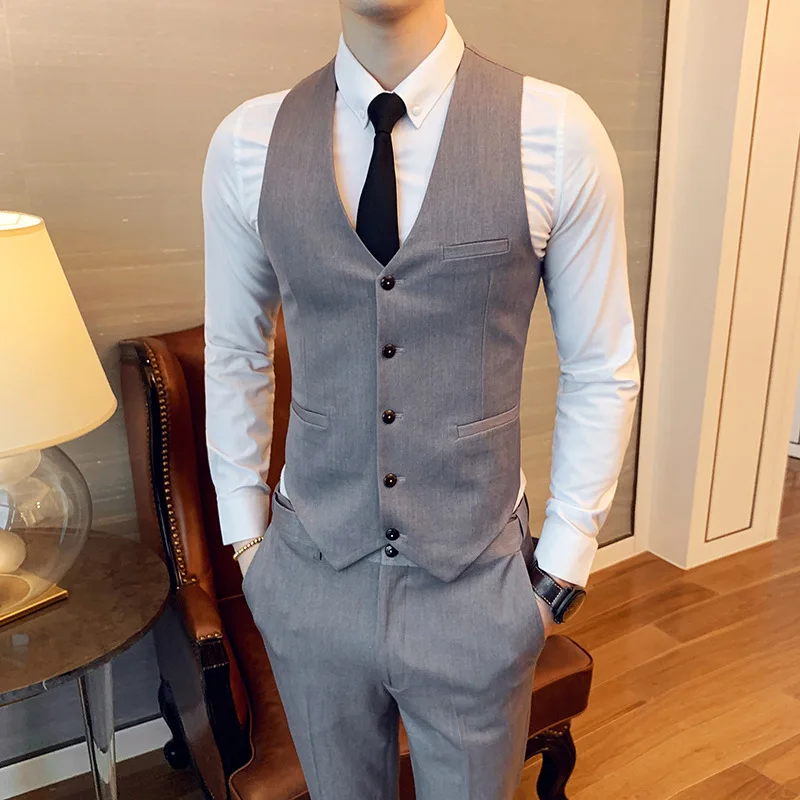 

England Business Slim Fit Solid Color Business Waistcoat Suit Pants Set Men's Korean-style Youth Groom Best Man Marriage Formal