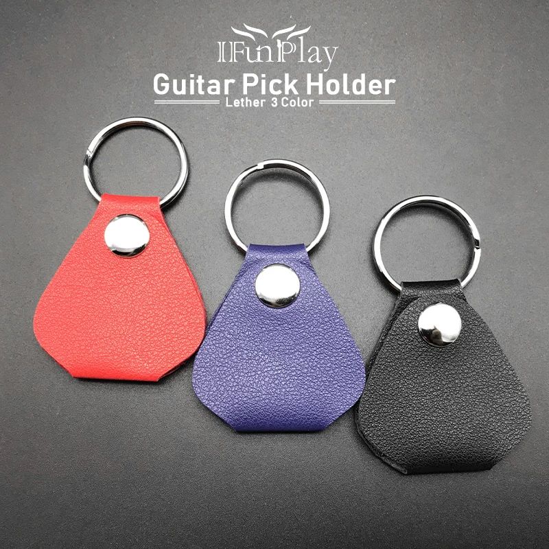 Leather Guitar Pick Holder Bag with Ring Key Chain Triangle Round