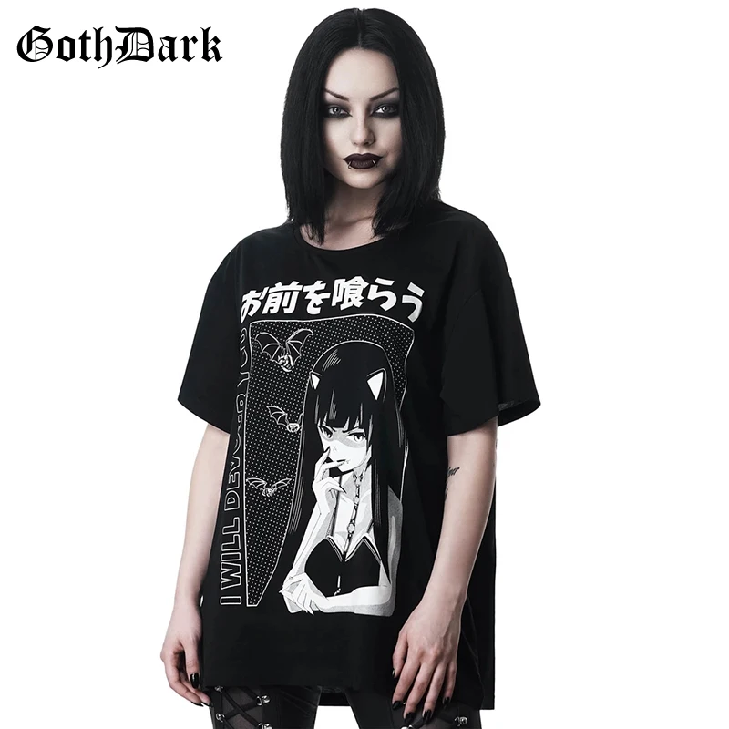 Comprar Goth negro oscuro de impresión de dibujos animados Vintage gótico camiseta Harajuku Aestheitc Otoño de 2019 las mujeres camiseta de Punk Grunge