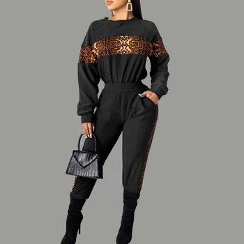 

Women Top+Pants Casual Autumn Outfits Leopard Patchwork Fleece Trousers Winter Sweater Women Two Piece Sets Female Matching Sets