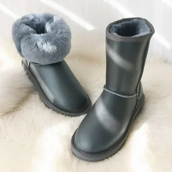 

Wool Waterproof Snow Boots Women's Sheepskin Genuine Leather Boots Shoes Sheep Fur Warm Non-Slip Snow Flat Cotton Boots Woman