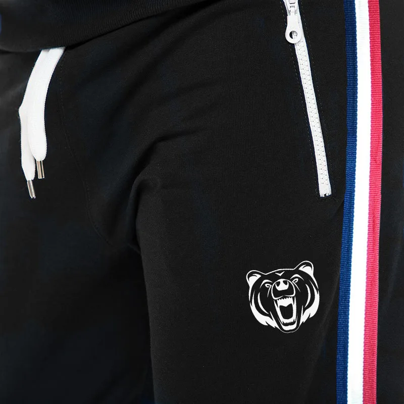 Спортивные Новые Мужские штаны для бега с карманом на молнии, полосатая отделка, спортивные штаны для спортзала, черные, серые, темно-синие спортивные штаны